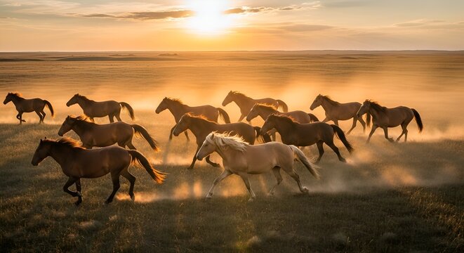 Herd of horses running at sunset, dust clouds, golden hour, wild nature, freedom, motion