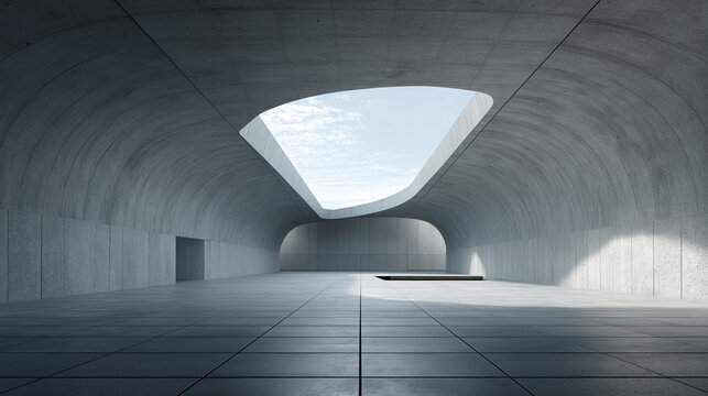 Modern concrete architecture with a large opening to the sky showcasing geometric shapes and natural light