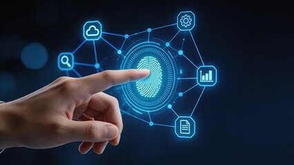 Fototapeta premium Futuristic biometric security concept with human hand touching holographic fingerprint scanner digital identity verification data protection cyber safety network connection cloud