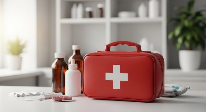 Red first aid kit with medications on a white surface