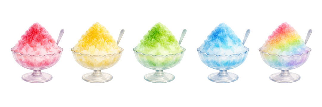 A charming watercolor collection of Japanese shaved ice desserts featuring colorful kakigori bowls with vibrant syrup flavors illustrated in a delicate food illustration style.