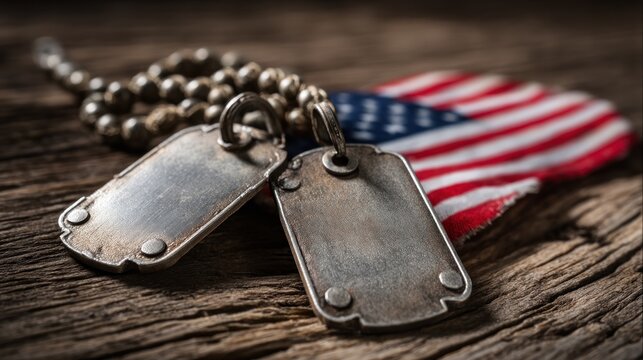 Dog tags and american flag on wooden surface