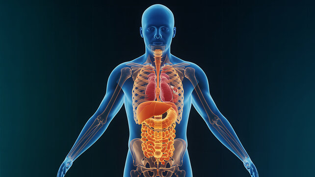 Human anatomy x-ray showing internal organs including lungs liver intestines and reproductive system glowing in vibrant color on dark background.