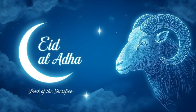 Eid aladha greeting card with a glowing ram and crescent moon on a dark blue starry sky background