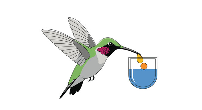 Small green hummingbird is caught in flight as it drinks nectar from a simple blue glass feeder in a clean design.