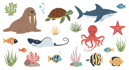 Obraz premium Set of cute underwater creatures including a shark walrus octopus and colorful fish with coral reefs for marine life education.