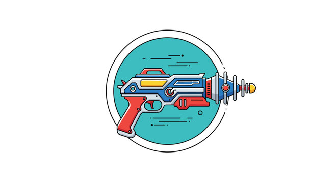 Retro futuristic space blaster ray gun in a circular frame with a blue background and cosmic details for science fiction themes.