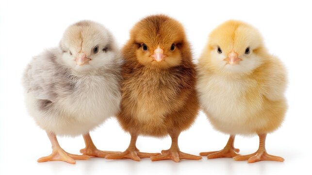 Three fluffy baby chicks on white background