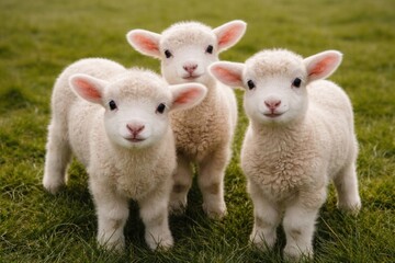 Fototapeta premium Three adorable lambs on grass.