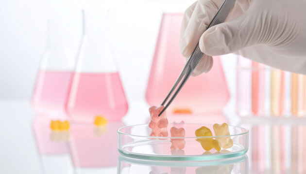 Quality control of nutritional supplements, scientist with white gloves handling a pink gummy bear with tweezers in a lab