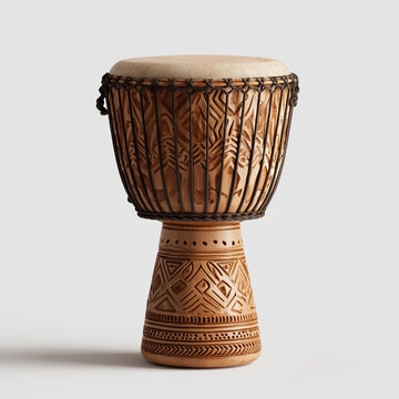 A beautifully carved wooden djembe drum stands in isolation on a plain background