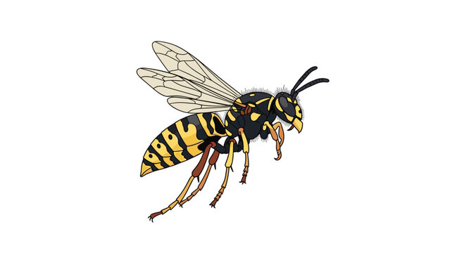 Detailed illustration of a yellow and black wasp in flight shows its wings and stinger on a clean white background.