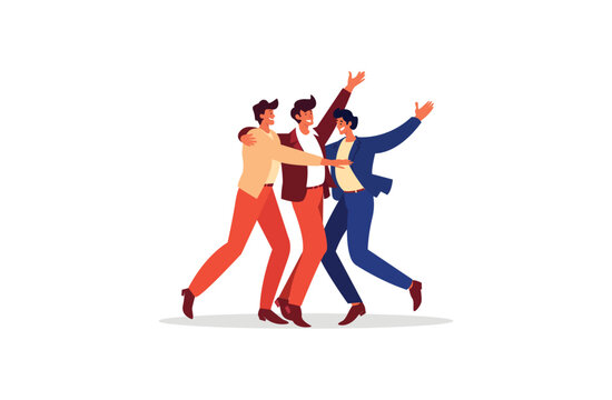 Group of happy friends celebrating achievement, young men jumping and dancing together, positive teamwork spirit, modern flat style vector illustration