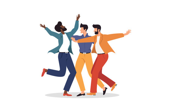 Cheerful male friends celebrating victory, energetic group dance pose, unity and friendship concept, colorful flat vector illustration for lifestyle and social themes