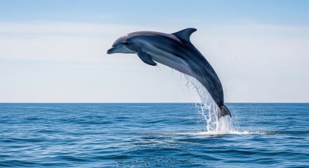 Fototapeta premium A graceful dolphin leaps and breaches cleanly from the vibrant blue ocean water, capturing a moment of pure aquatic freedom.
