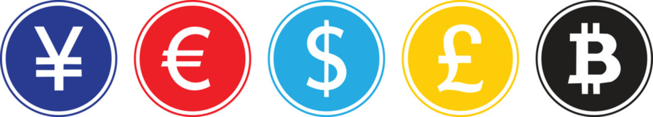Fototapeta premium Set of Global Currency Symbols: Yen, Euro, Dollar, Pound, Bitcoin in Colorful Circles for Finance, Cryptocurrency, and Trading Concepts