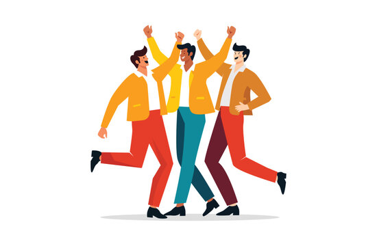 Happy young men celebrating success together, cheerful friends dancing with raised hands, teamwork, friendship, unity concept flat vector illustration