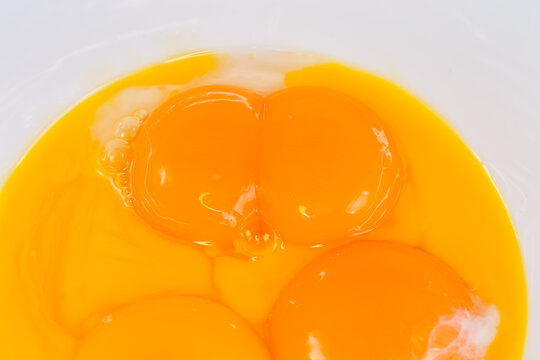 Double-yolk of broken chicken egg next the ordinary yolks