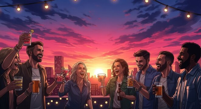 Friends celebrating on rooftop at sunset with city skyline and string lights