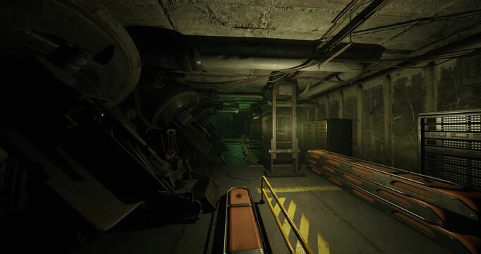 tight mechanical alley cluttered with heavy cabling and structural supports, scattered toolboxes, low green illumination, industrial maintenance atmosphere