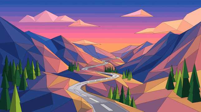 A stylized low poly illustration of a winding road through mountains at sunset. Perfect for travel, adventure, or tech backgrounds. Vibrant, geometric, and modern vector art.