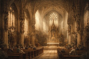 Fototapeta premium Gothic cathedral interior illustration