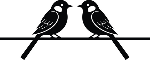 Two great tit parus major bird vector silhouette icons sitting on branch facing each other in symmetrical mirror reflection isolated on white background. © MstAshida