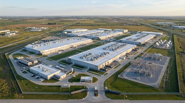 Aerial view of modern high-tech data center campus with solar panels and green energy infrastructure at dusk