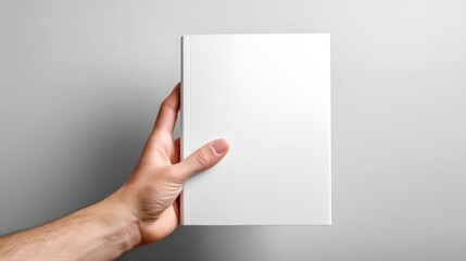 Fototapeta premium Person holding a blank book against gray background