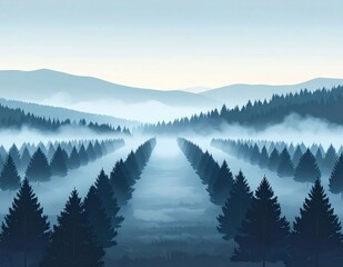 Pixel art landscape of foggy pine forest rows with morning mist, mountains in background, serene wilderness atmosphere, digital retro game style