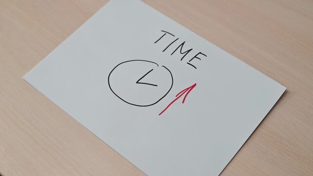 A hand writes the word time and draws a clock on a sheet of paper. The process showcases creativity and focuses on time management and planning