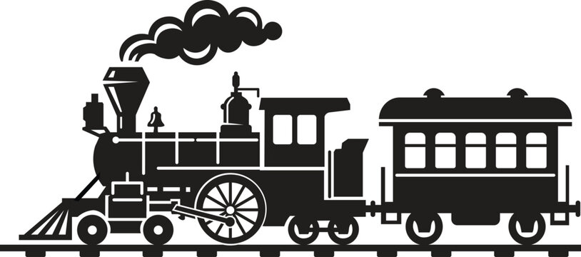 Steam Locomotive Silhouette Vector, Classic Railway Engine with Passenger Car