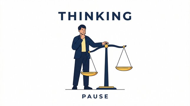 Decision-Making in Thought: A man contemplates balance, illustrated with a scale. The word Thinking and Pause emphasizes the importance of deliberate consideration.