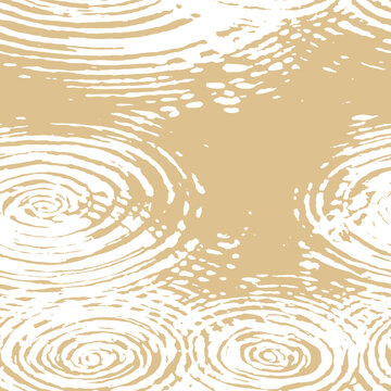 Seamless hand drawn Japanese inspired pattern of water ripples and rain drops. Minimalist white woodcut style on a warm tan background. Serene, artisanal nature surface design.