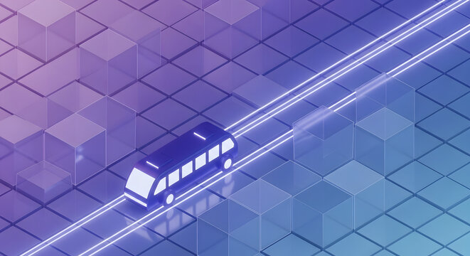 Futuristic Autonomous Bus on Digital Grid Background for Smart City Technology, Logistics Infrastructure, and 3D Isometric Transport Design