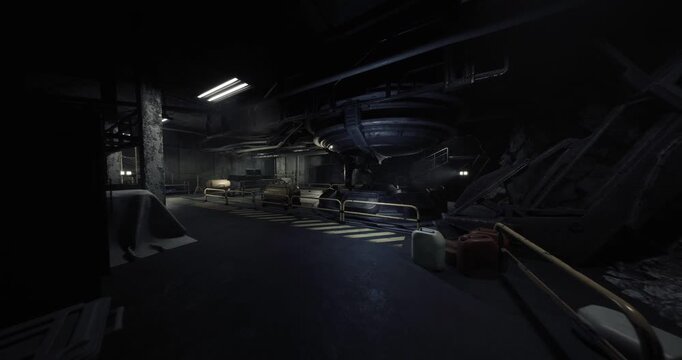 doorway opening to cluttered control hub with scattered equipment and glowing monitors, cables snaking across floor and panels reflecting weak light tense