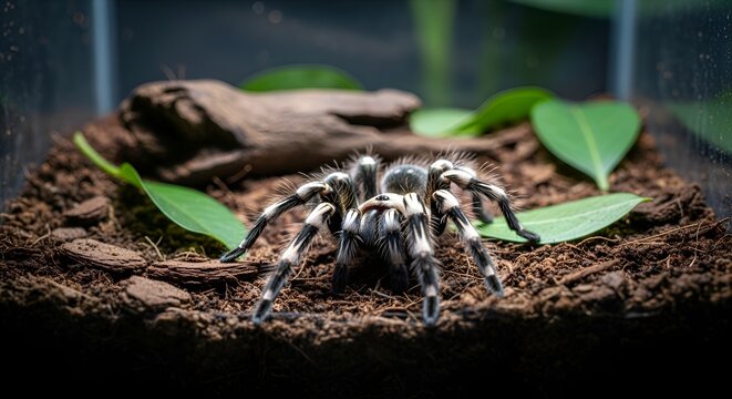 Close-up of a fluffy tarantula spider with striped legs on dark soil with green leaves