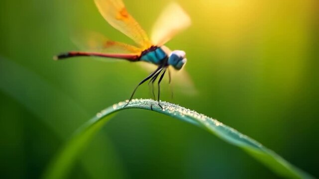 Extreme macro shot of dragonfly on dewy grass blade at sunrise, bokeh soft green meadow background