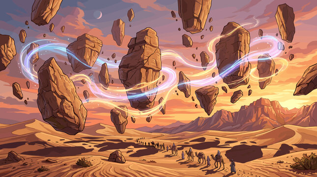An epic fantasy illustration of a caravan crossing a desert under a surreal sky of floating rocks and magical energy. A concept for journey, wonder, and adventure.