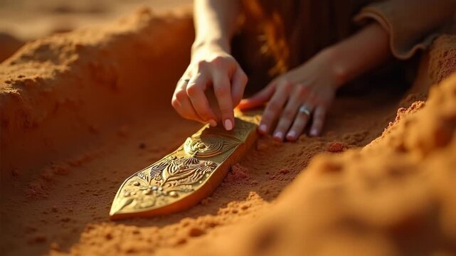 Woman archaeologist carefully brushing ancient golden artifact in desert excavation, bokeh warm sandy pit background