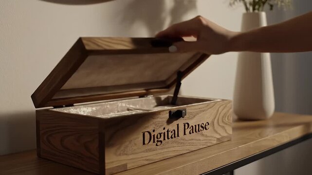 Person placing smartphone in a wooden box labeled Digital Pause for a digital detox promoting mindfulness and reduced screen time.