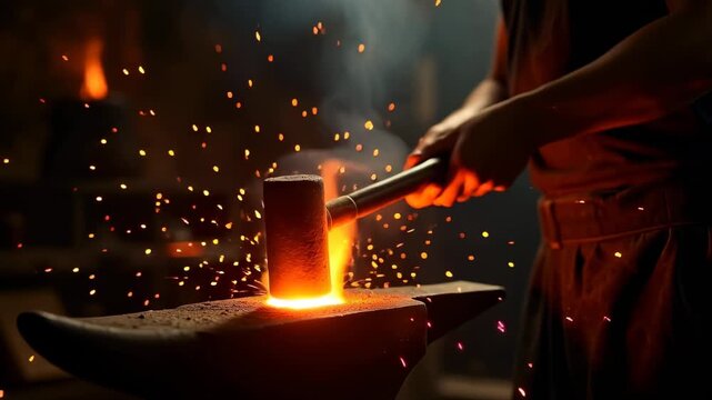 Blacksmith hammering glowing orange metal on anvil with sparks flying, bokeh dark smoky forge background