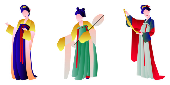 Set of elegant women in traditional Korean Hanbok dresses with minimalist flat design.
