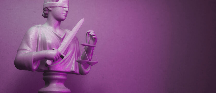 Blindfolded Lady Justice, pink light, focus on scale and sword. Close up sculpture of lady justice, blindfold impartiality. Space for text, light theme background, isolated. 3D rendering.