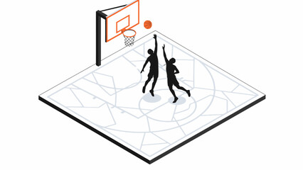 Basketball Players Silhouette Jumping on Isometric Court © Pemburu