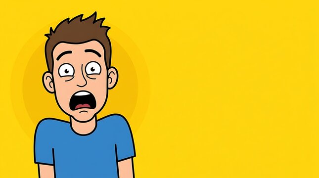 Vector illustration of a shocked character with wide eyes and raised eyebrows on yellow background for thumbnail design with copy space