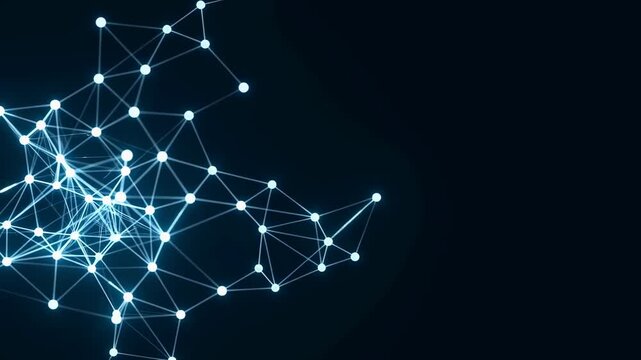 Dark mode neural network visualization with glowing nodes and connections on deep blue background Neural Network Visualization concept of advanced technology