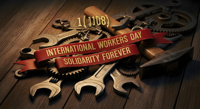 International Workers Day solidarity forever with tools and gears