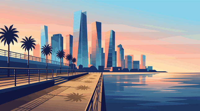 Vector illustration of a modern city skyline at sunset or sunrise. A pier with palm tree silhouettes overlooks the water. Ideal for travel, real estate, or web backgrounds.