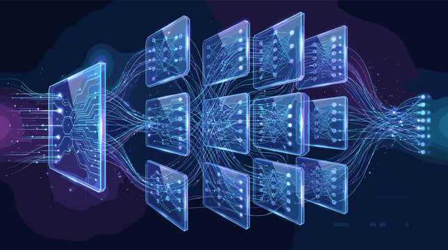 Futuristic visualization of an artificial intelligence neural network. Abstract concept of deep learning, big data processing, and machine learning. Tech background illustration.